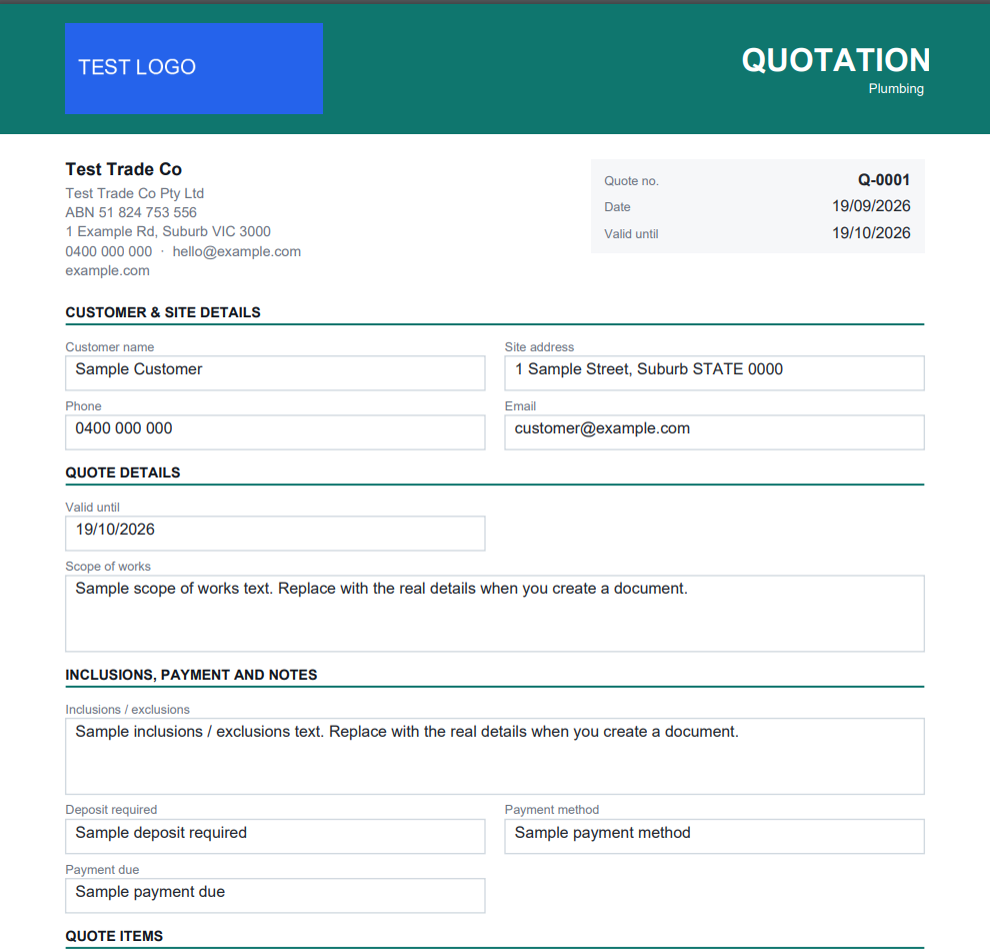 A branded SmokoBooks quotation PDF with the business logo, ABN, customer details and scope of works